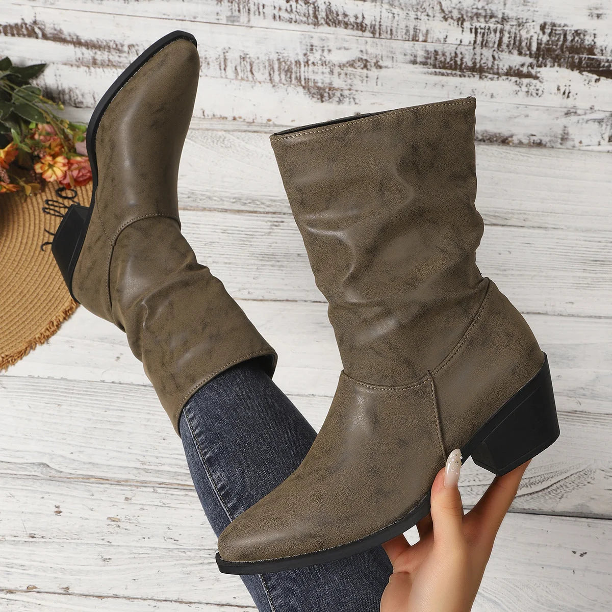 Damen Slouch-Stiefeletten mit Blockabsatz