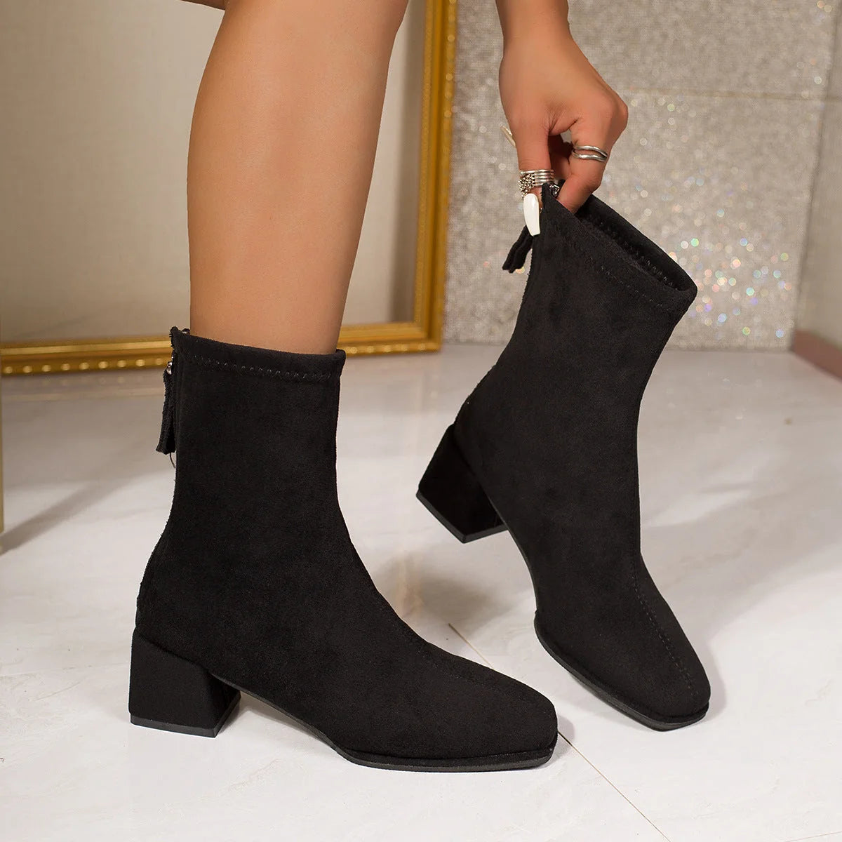 Damen Stiefeletten Mit Blockabsatz Und Reißverschluss