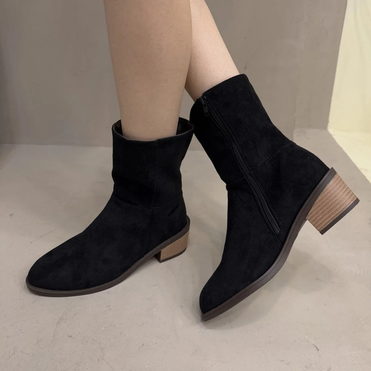 Damen Stiefeletten mit Blockabsatz und Reißverschluss