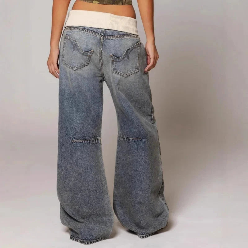 Damen Weite Hose mit Kontrastbund und geschwungenen Ziernähten