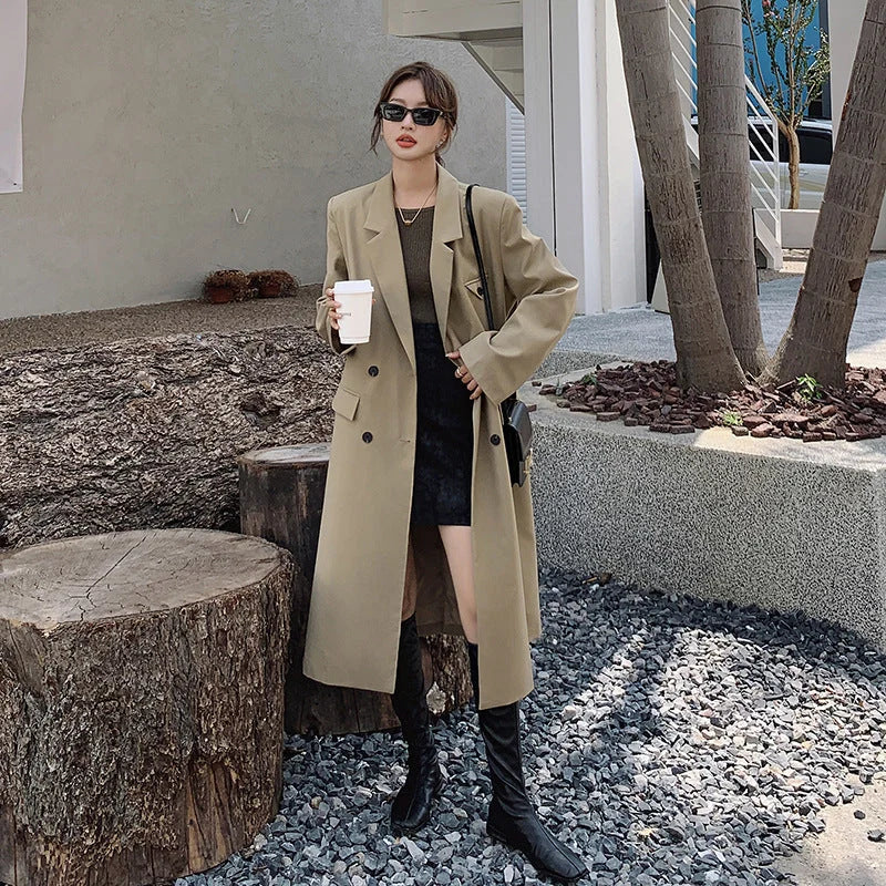 Damen Zweireihiger Oversize-Trenchcoat Mit Revers Und Verlängertem Schnitt