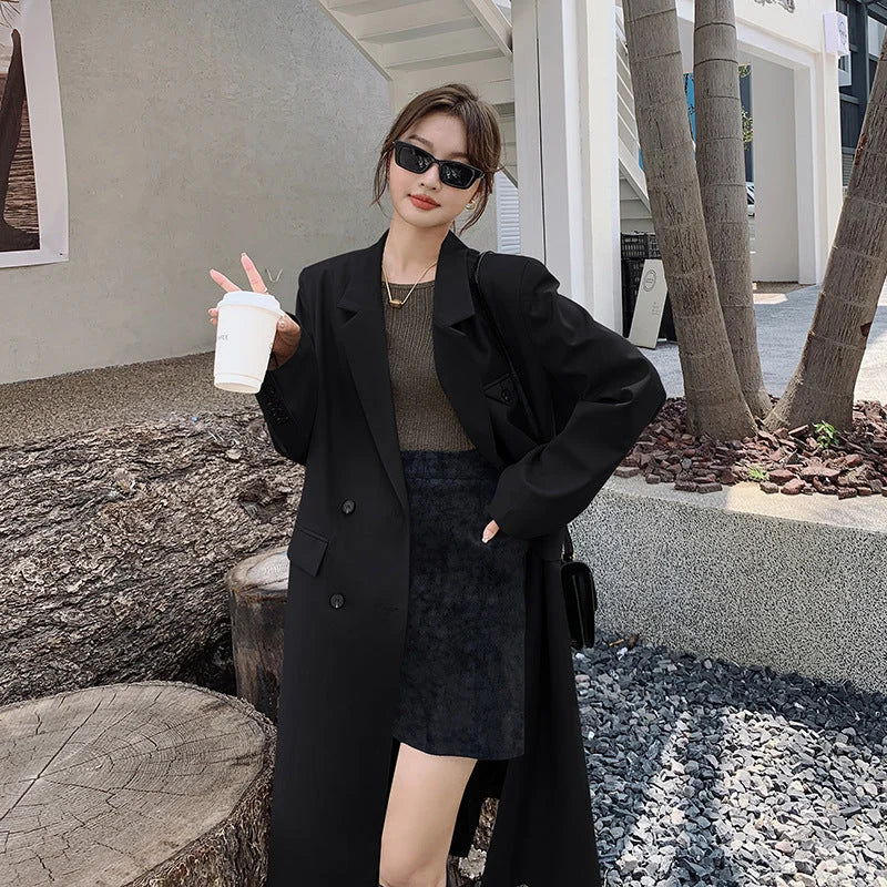 Damen Zweireihiger Oversize-Trenchcoat Mit Revers Und Verlängertem Schnitt