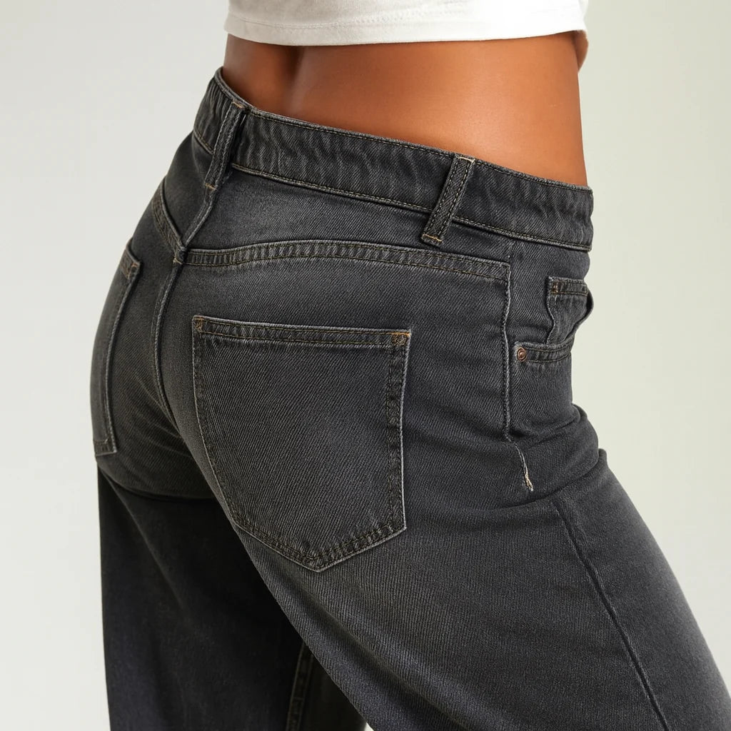 Damen Hose mit Weitem Bein Knopfverschluss Gürtelschlaufen und Fünf-Taschen-Aufteilung