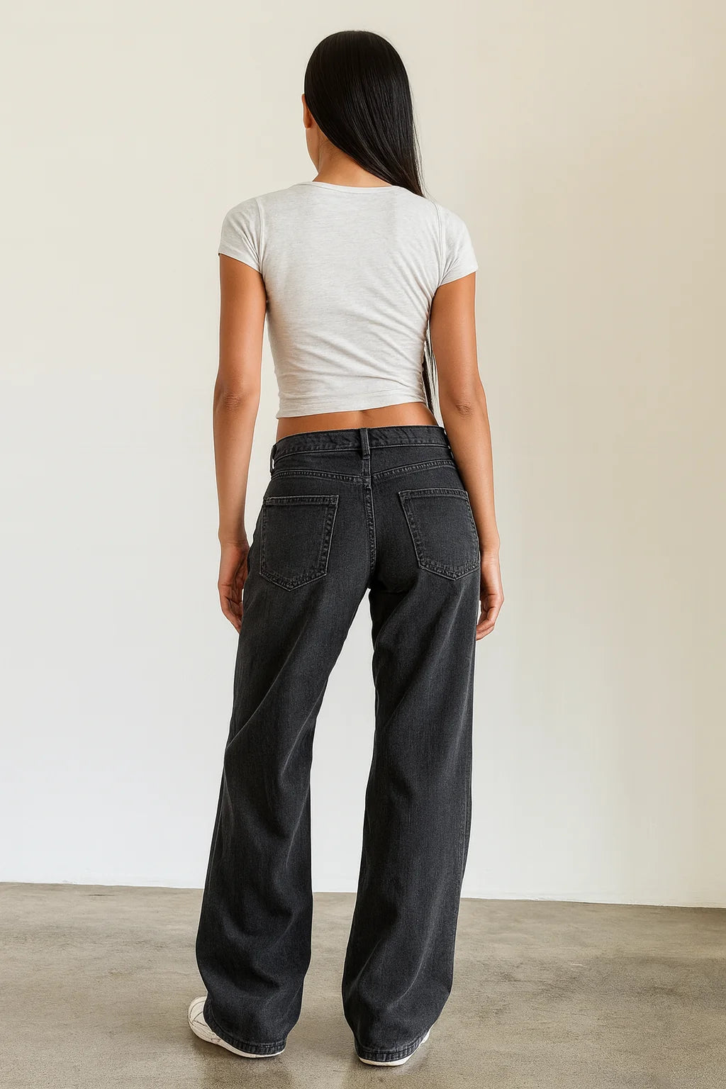Damen Hose mit Weitem Bein Knopfverschluss Gürtelschlaufen und Fünf-Taschen-Aufteilung