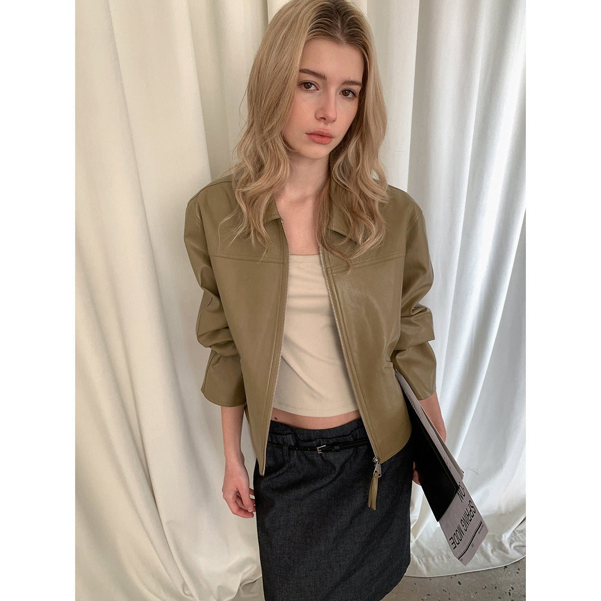Kenzuu Damen Kunstlederjacke im Koreanischen Stil mit Reverskragen