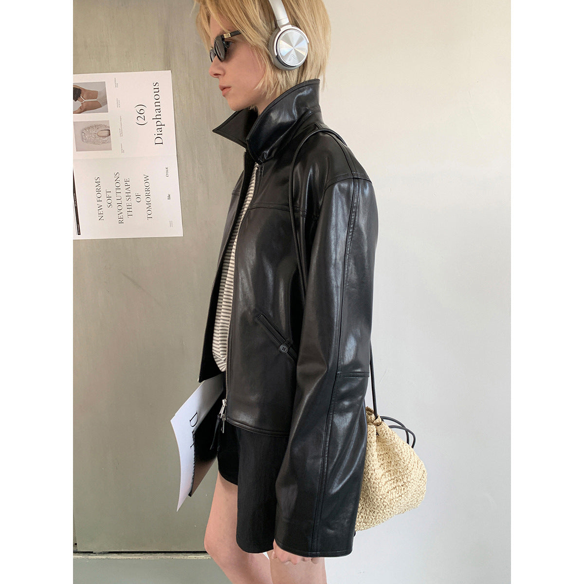 Kenzuu Damen Kunstlederjacke im Koreanischen Stil mit Reverskragen