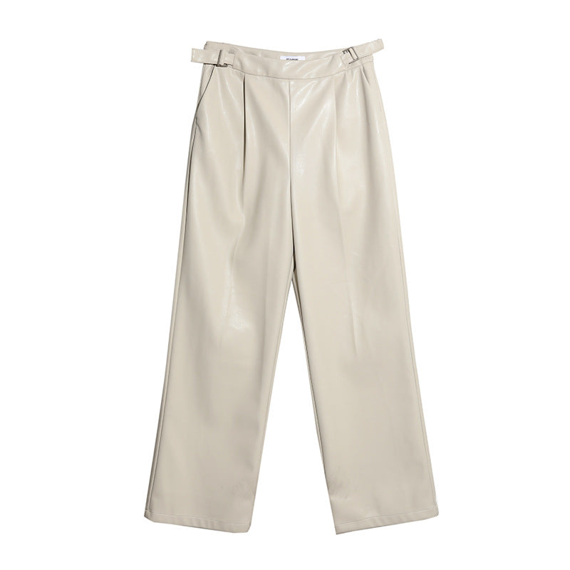 Kenzuu Damen Lederhose mit Seitenschnallen Weites Gerades Bein D5887-N1