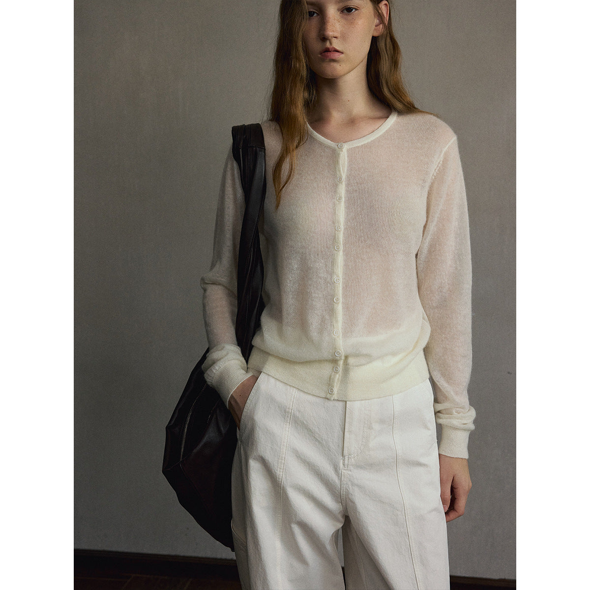 Kenzuu Damen Leichte Strickjacke mit Alpakawolle und Rundhalsausschnitt M63430
