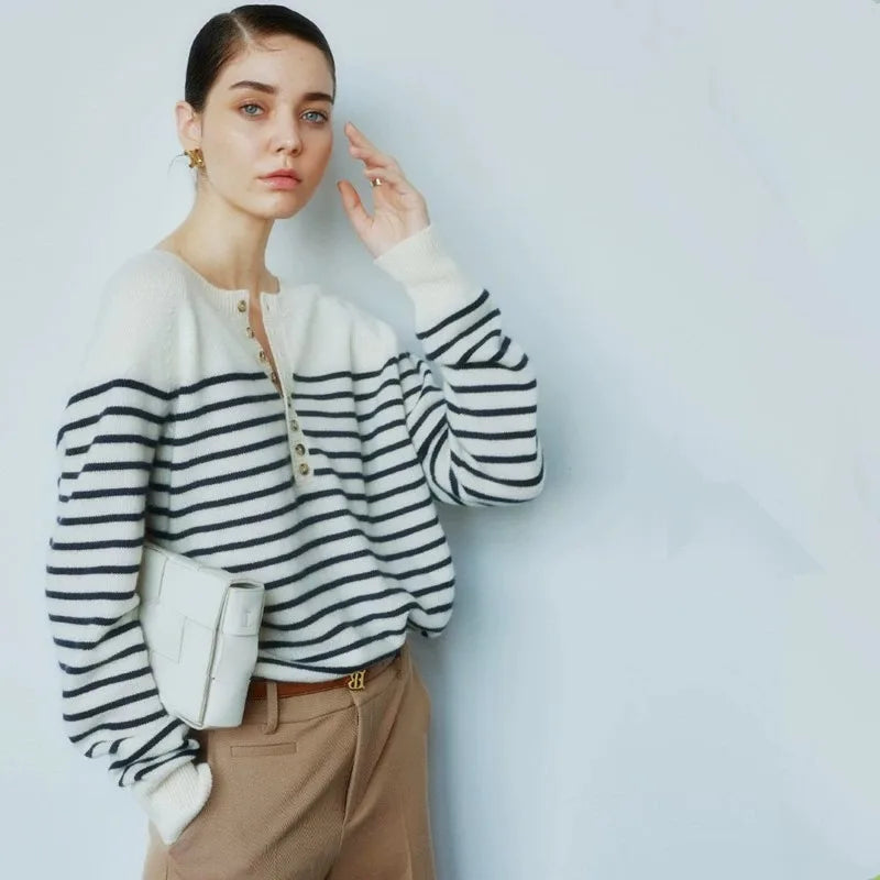 Kenzuu Damen Pullover Gestreift Strickpullover Kaschmir Wolle