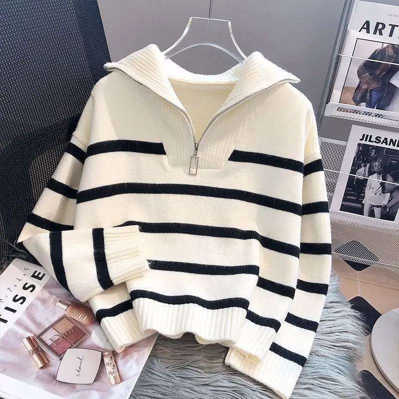 Kenzuu Damen Strickpullover Gestreift mit Reissverschluss