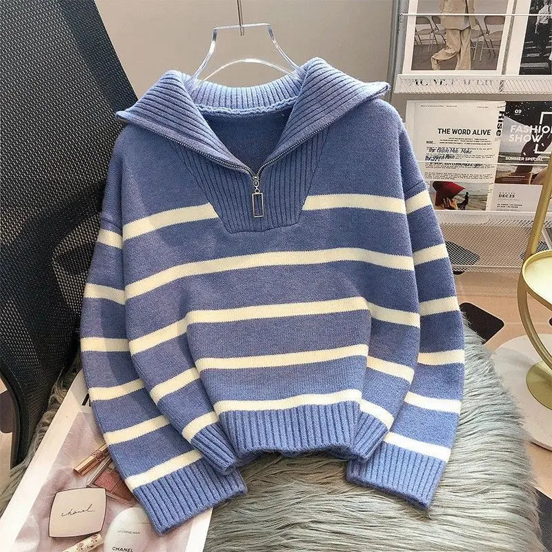 Kenzuu Damen Strickpullover Gestreift mit Reissverschluss
