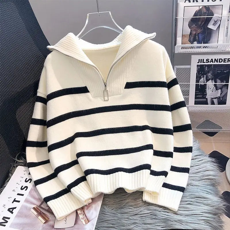 Kenzuu Damen Strickpullover Gestreift mit Reissverschluss