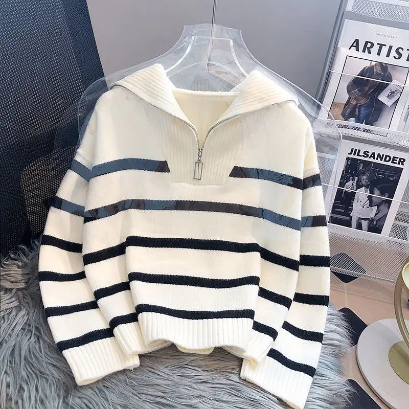 Kenzuu Damen Strickpullover Gestreift mit Reissverschluss