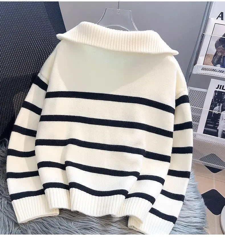 Kenzuu Damen Strickpullover Gestreift mit Reissverschluss
