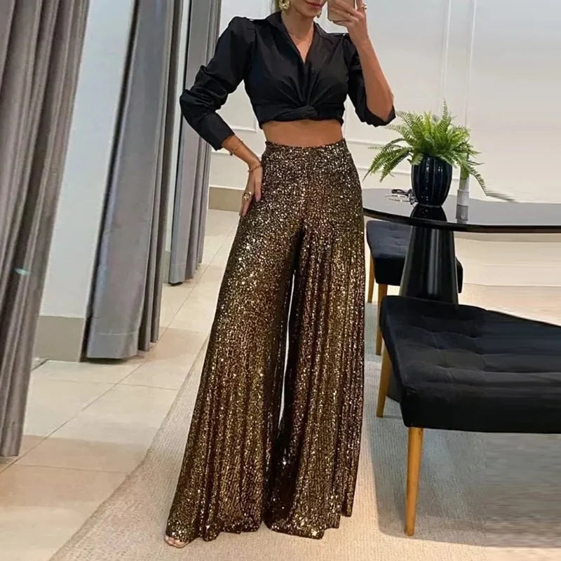 Drune Elegant Glänzend Pailletten Lang Hose