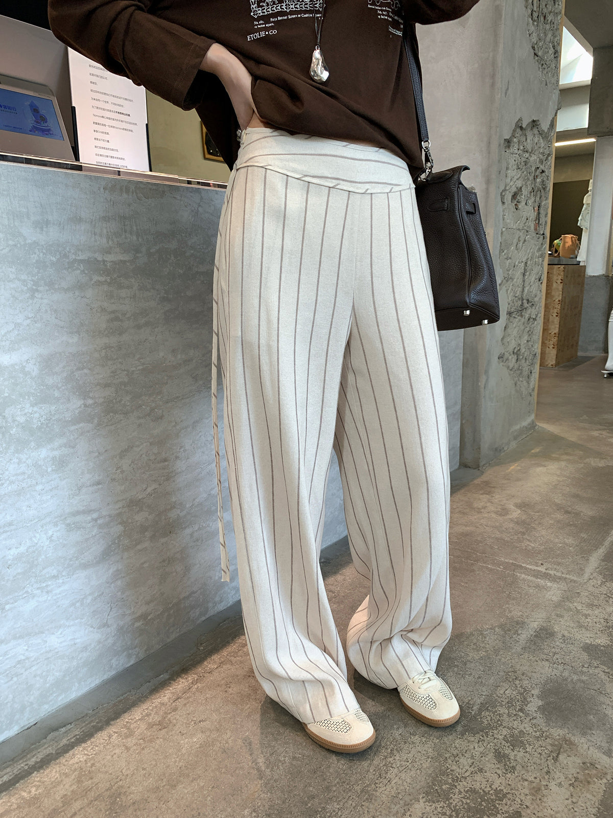 Kenzuu Gestreifte Weite Hose Damen Leinenoptik Herbst | D7529-h1