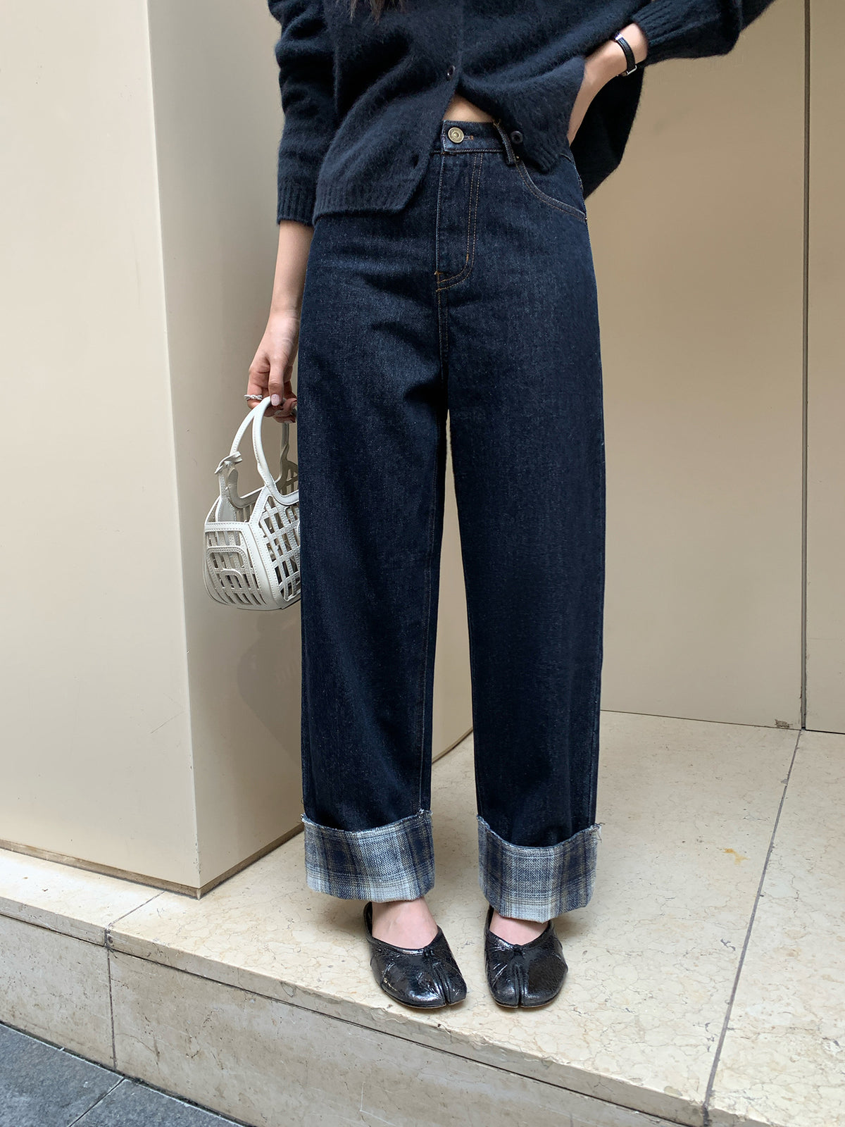 Kenzuu Vintage Karo Straight Leg Jeans Damen Dunkelblau D7795-w1