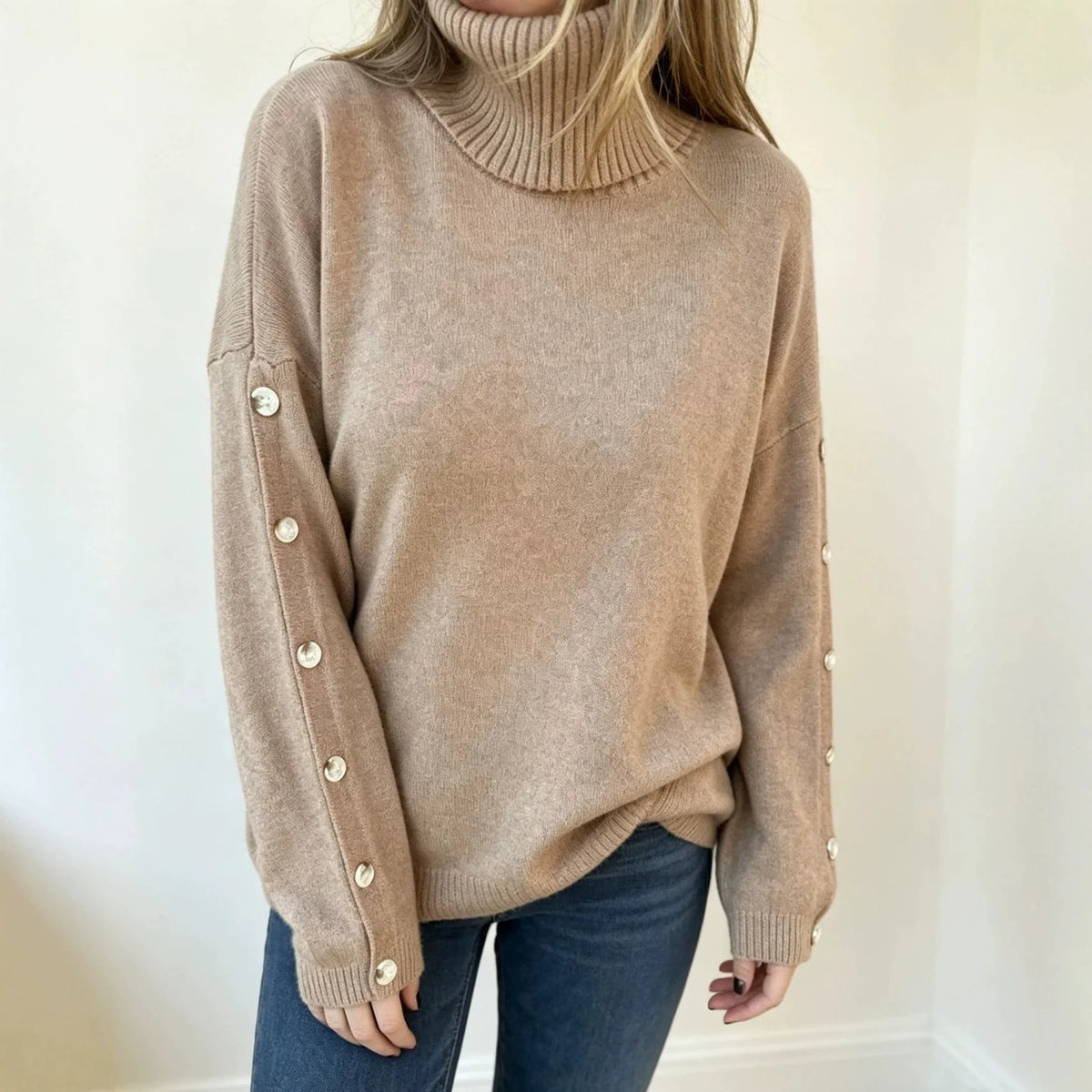 Mara | Damen Oversized Langarm-Turtleneck-Pullover mit Knöpfen kenzuu
