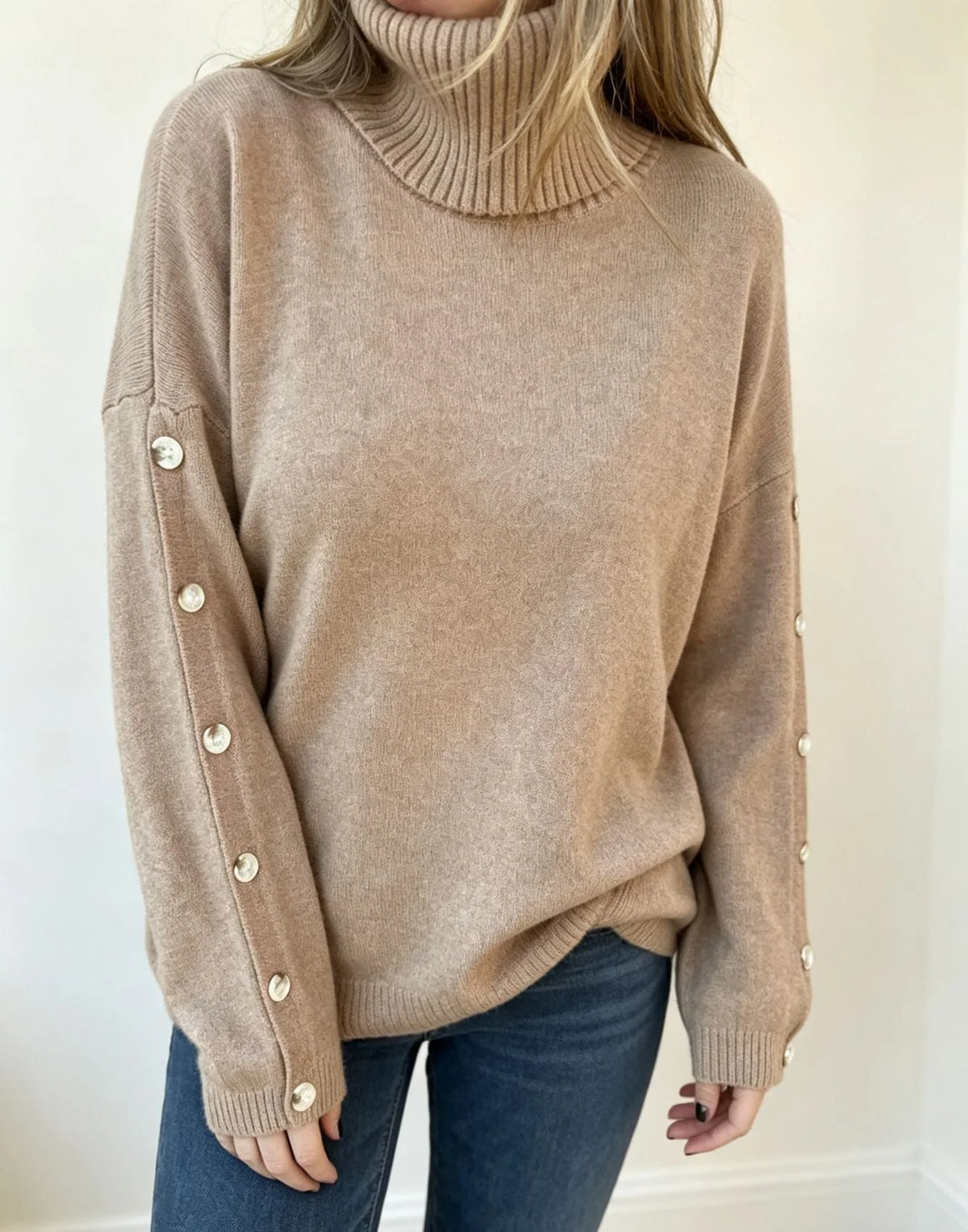 Mara | Damen Oversized Langarm-Turtleneck-Pullover mit Knöpfen kenzuu
