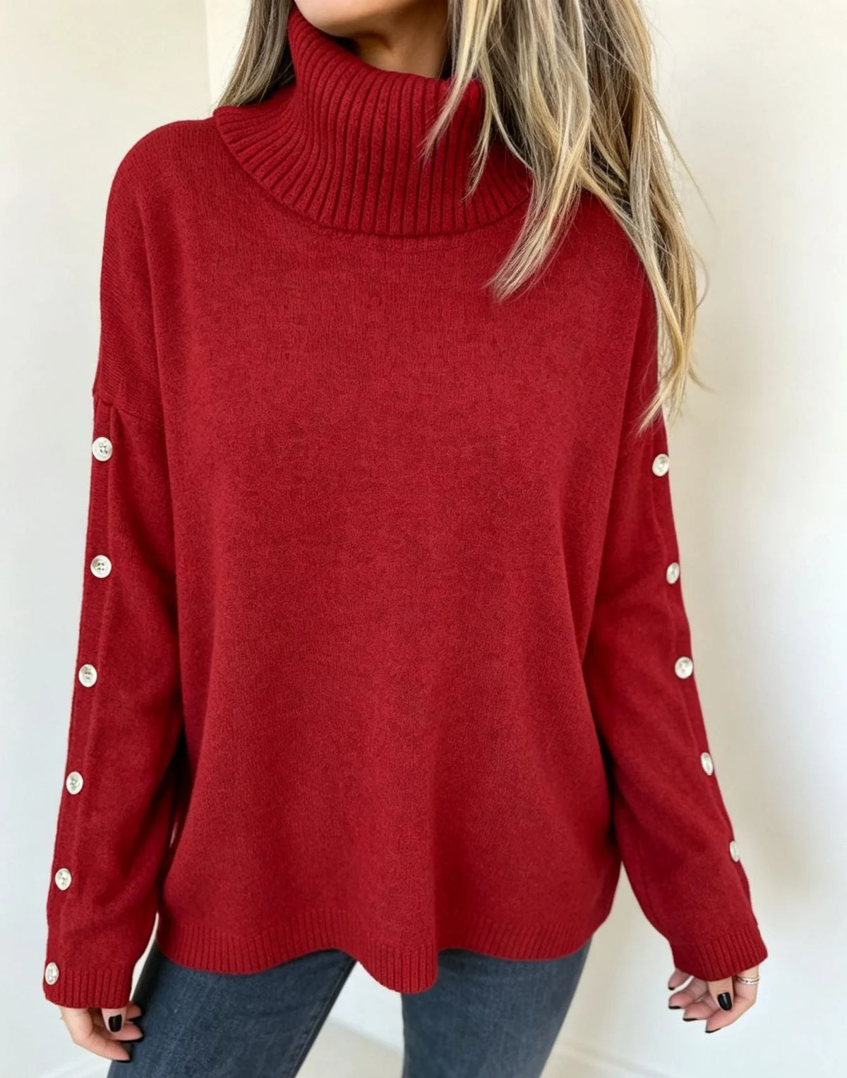 Mara | Damen Oversized Langarm-Turtleneck-Pullover mit Knöpfen kenzuu