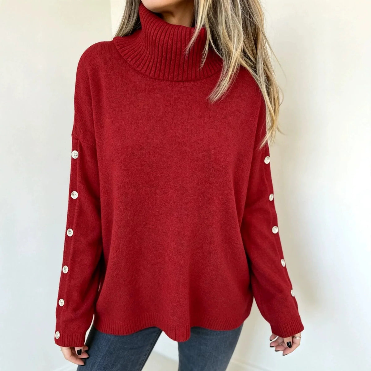 Mara | Damen Oversized Langarm-Turtleneck-Pullover mit Knöpfen kenzuu