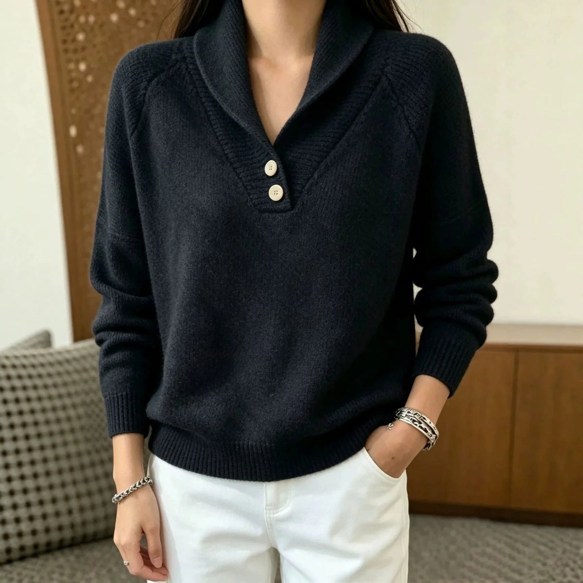 Martha Damen Langarmpullover mit Knöpfen kenzuu