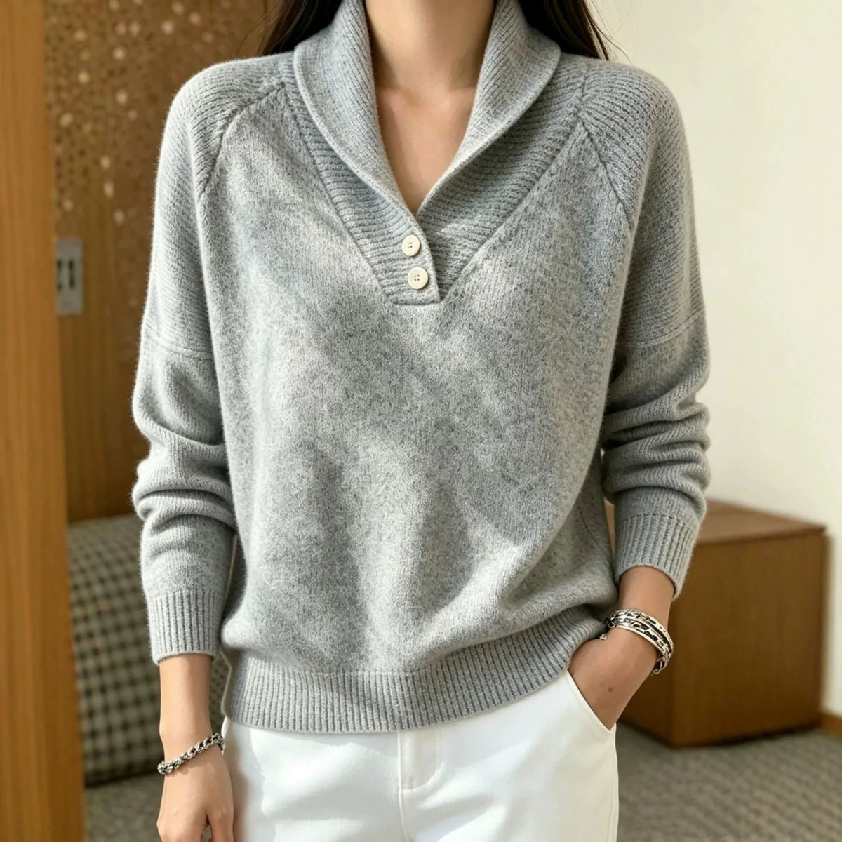 Martha Damen Langarmpullover mit Knöpfen kenzuu