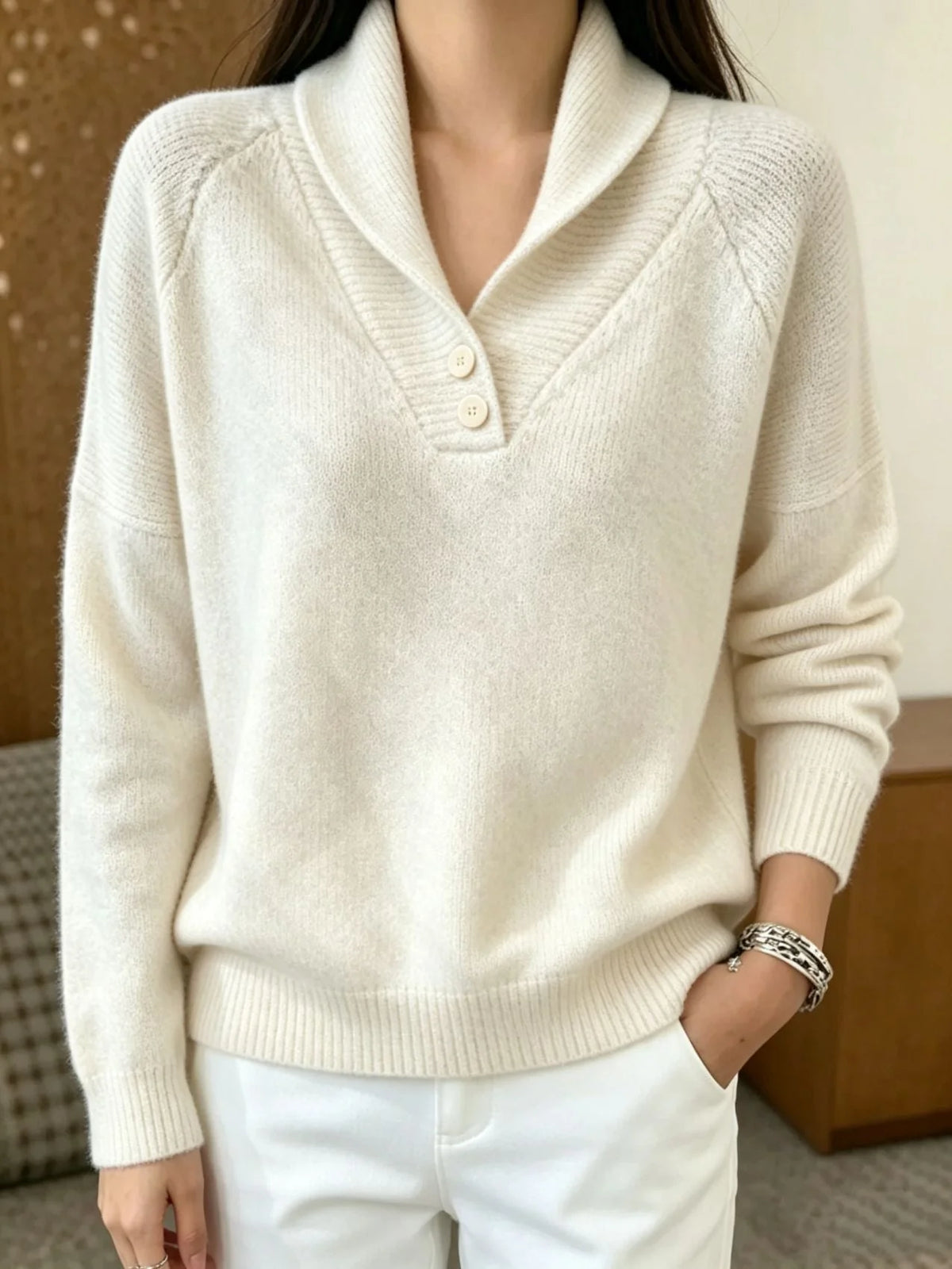 Martha Damen Langarmpullover mit Knöpfen kenzuu