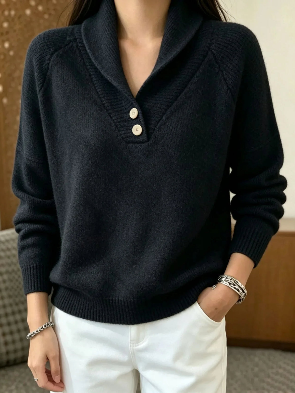 Martha Damen Langarmpullover mit Knöpfen kenzuu