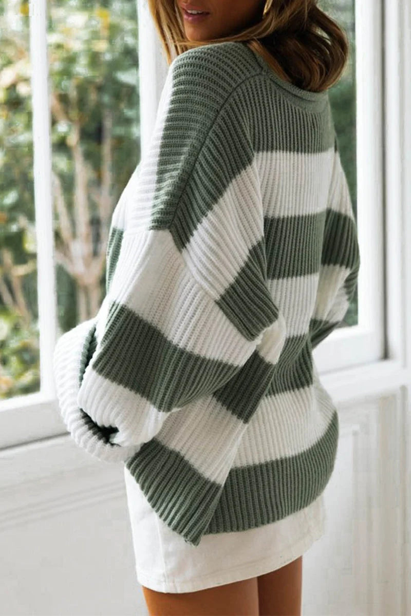 Modische Süße Gestreifte Kontrast-O-Ausschnitt Pullover kenzuu