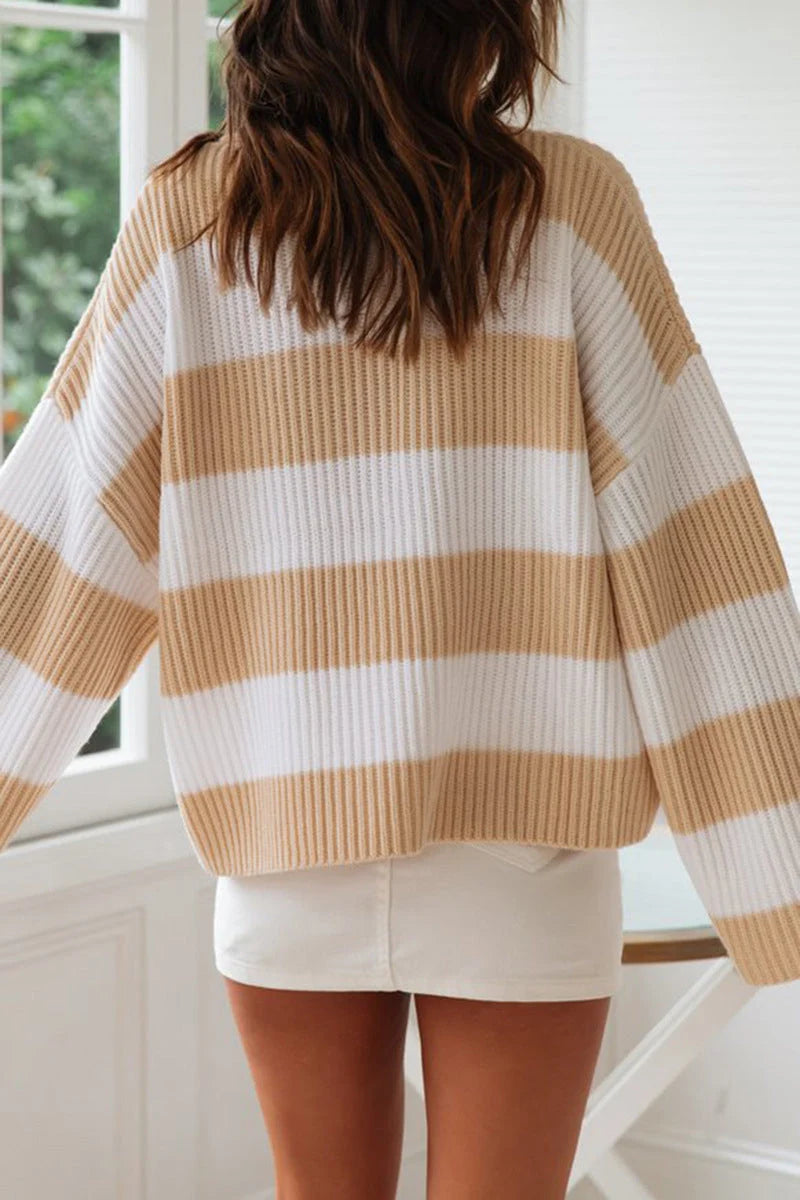 Modische Süße Gestreifte Kontrast-O-Ausschnitt Pullover kenzuu