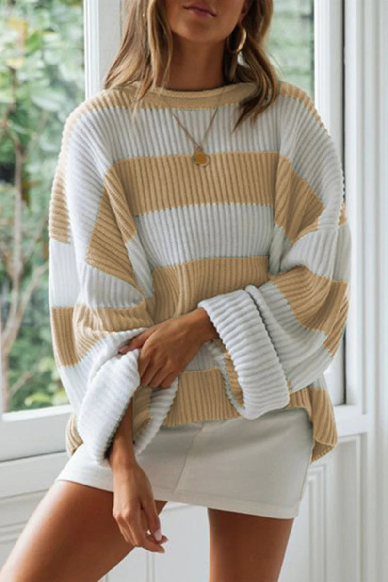 Modische Süße Gestreifte Kontrast-O-Ausschnitt Pullover kenzuu